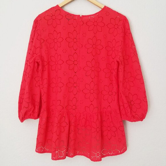 Halogen Women's M 3/4 Sleeve Eyelet Floral Peplum Blouse In Red Poinsettia $69 - Picture 5 of 16